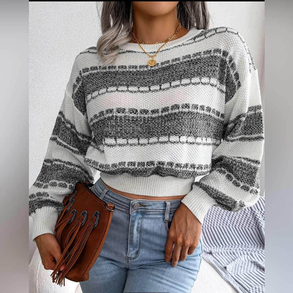 Cute cropped gray and white stripe sweater, size small in woman